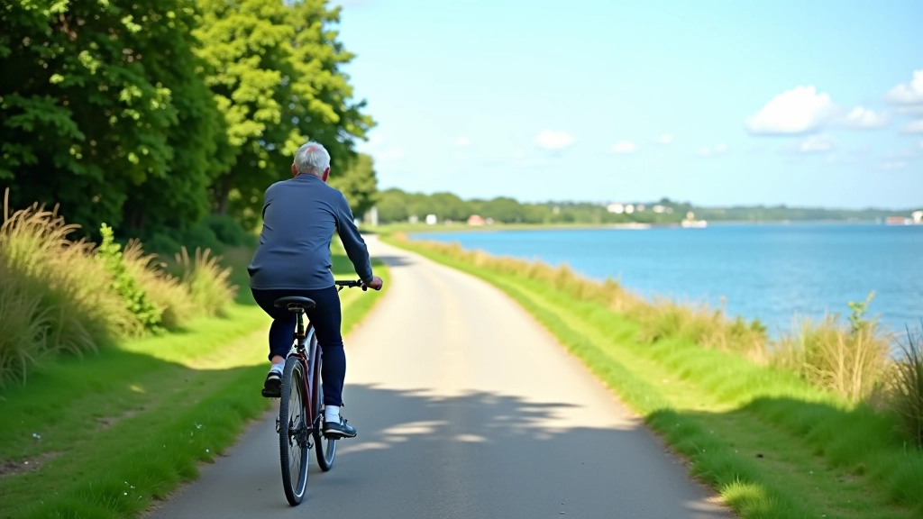 Scenic coastal cycling path along Dungarvan waterfront with green vegetation and calm waters, ideal for leisurely rides