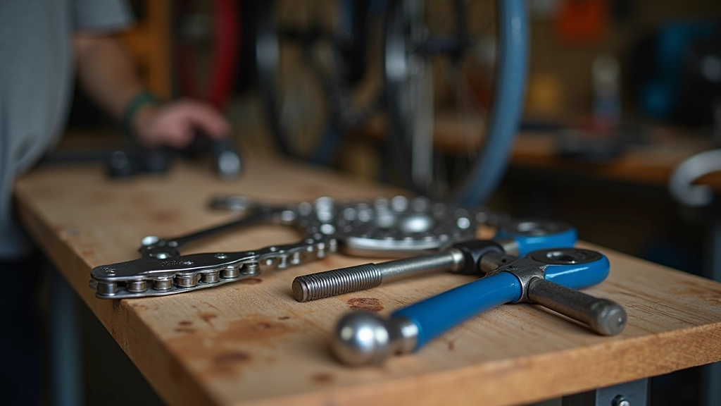Close-up of bicycle maintenance tools and chain, showing proper upkeep on a workbench with clean background