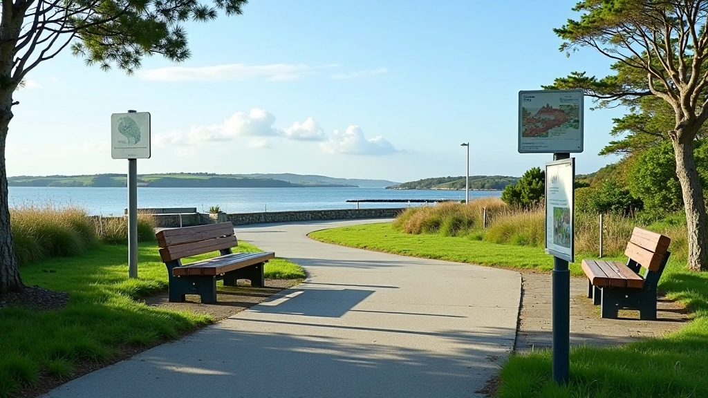 Waterfront rest area with seating benches, information boards, and peaceful coastal views for cyclists to relax