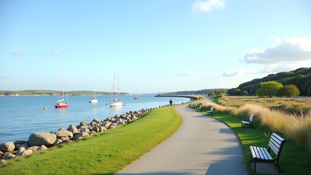 Scenic waterfront view with sailboats, benches, and coastal landscape along Clonea beach area